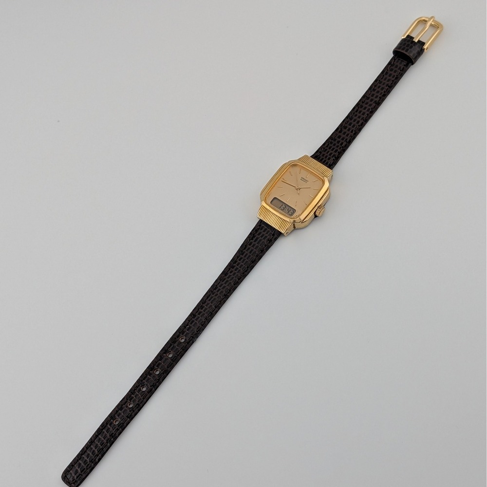 Seiko E029-5159 Ana Digi Gold Tone Rectangular Watch Champagne Dial Vintage - Picture 9 of 10